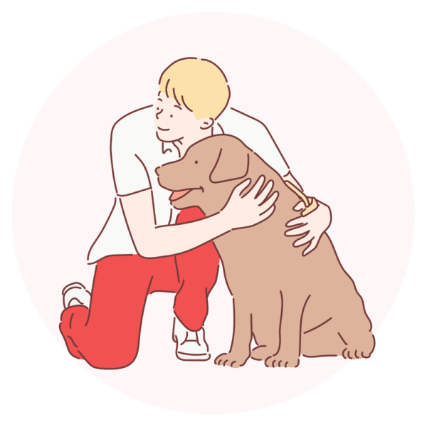 crouching man hugging dog illustrator on circle crouching man hugging dog illustrator on circle