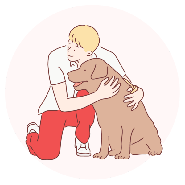 crouching man hugging dog illustrator on circle