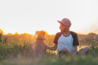 man interacting with dog during sunset