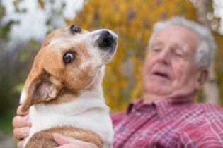 senior man cuddling with dog outdoors