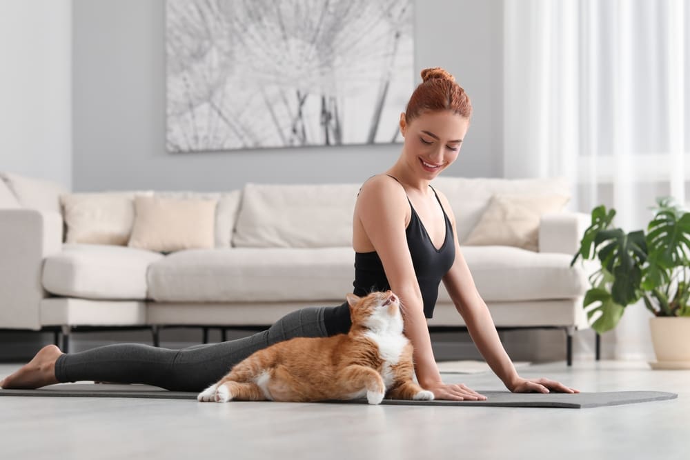 smiling woman doing yoga with cat in her living room