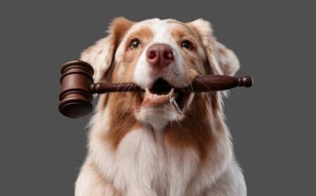 Cute Australian Shepherd dog with judge's gavel on black background
