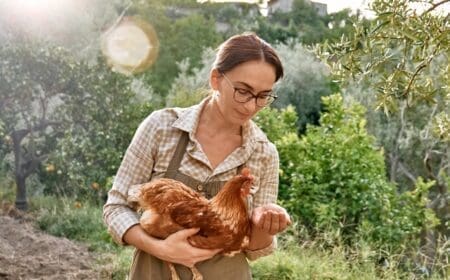 A woman holding emotional support chicken on farm