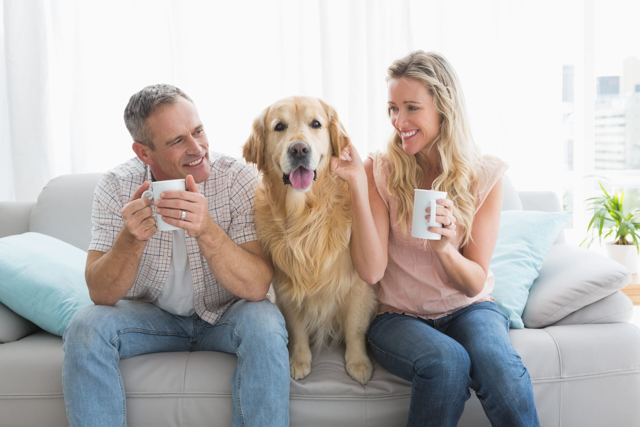 A couple sitting on a sofa with their Golden retriever comfort dog in a cozy living room.]