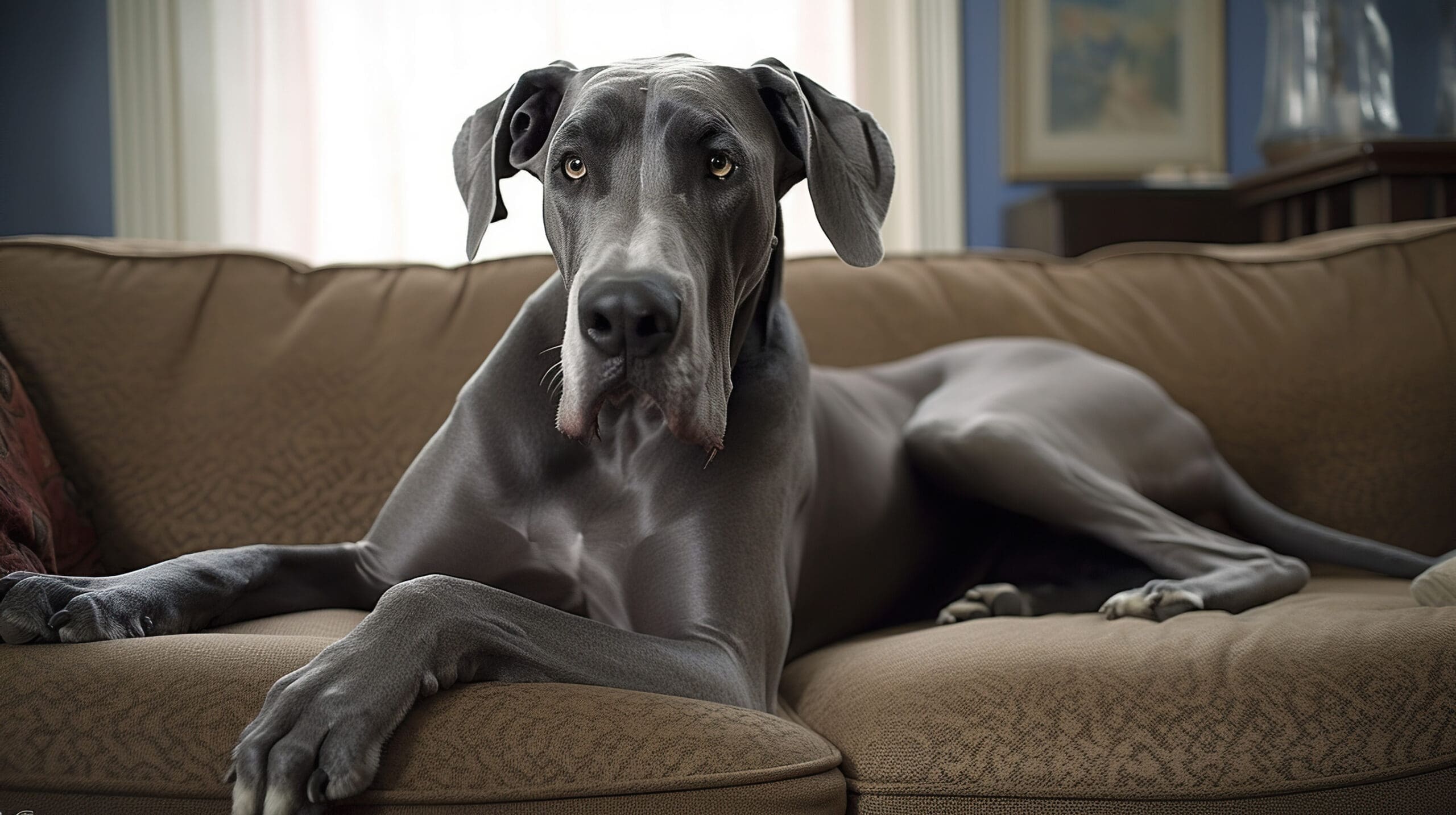 A Great Dane service dog relaxes on the couch.