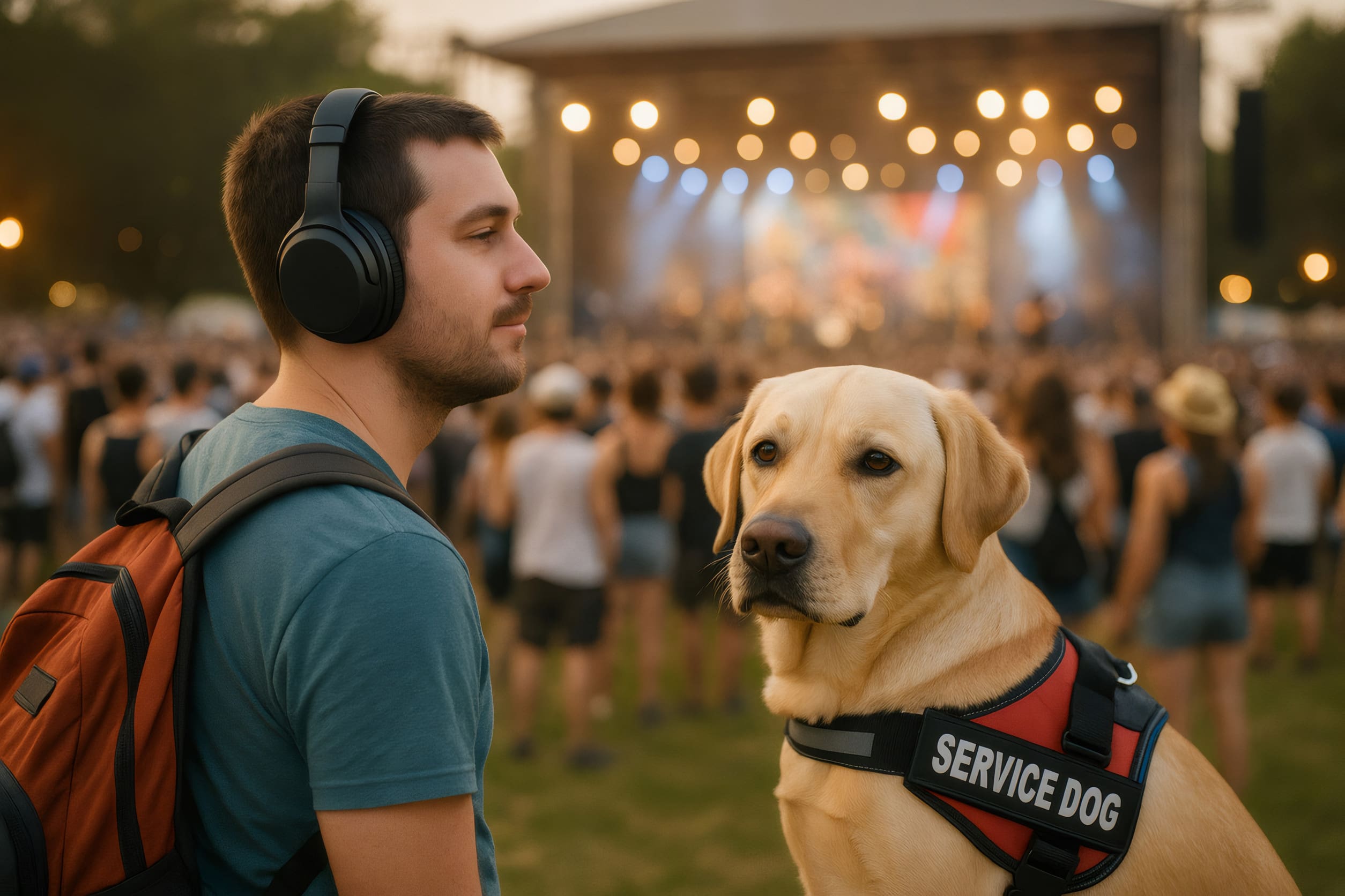 A service dog wearing a harness supporting a man at an outdoor music festival.
