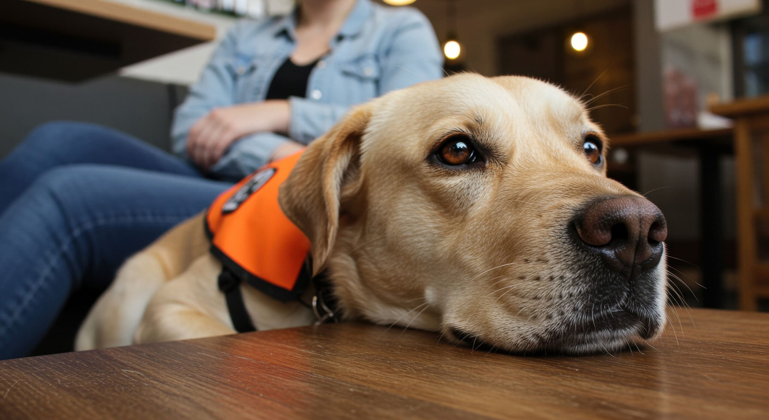 A diabetes service dog in an orange harness resting their head on a cafe table beside their handler.