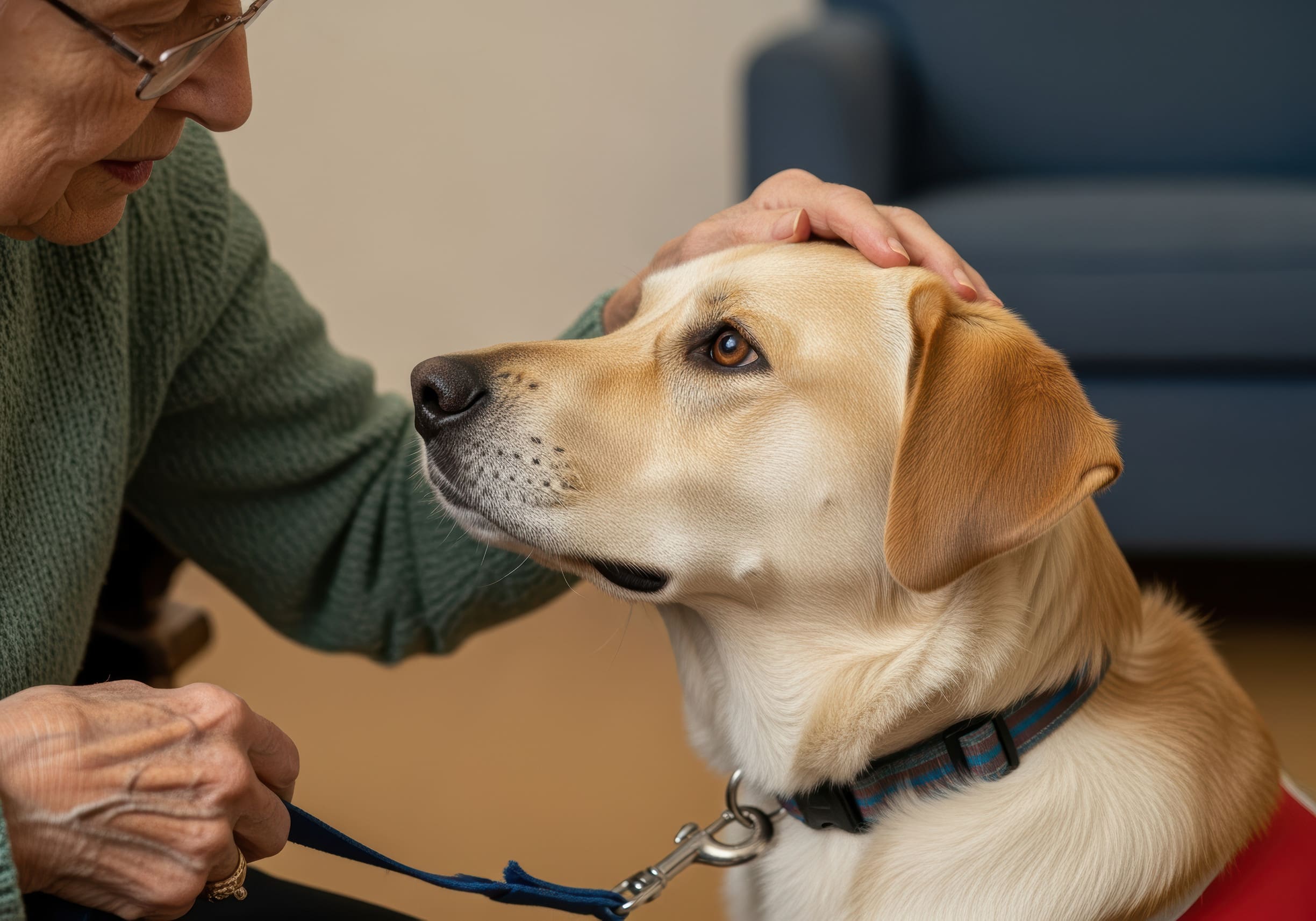 An older woman petting her service dog.