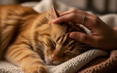 A person’s hand gently stroking a sleeping orange tabby cat, illustrating how cats help with anxiety by providing calming companionship.