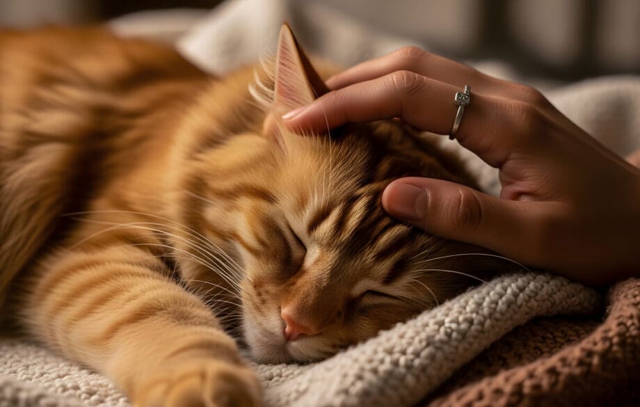 A person’s hand gently stroking a sleeping orange tabby cat, illustrating how cats help with anxiety by providing calming companionship.