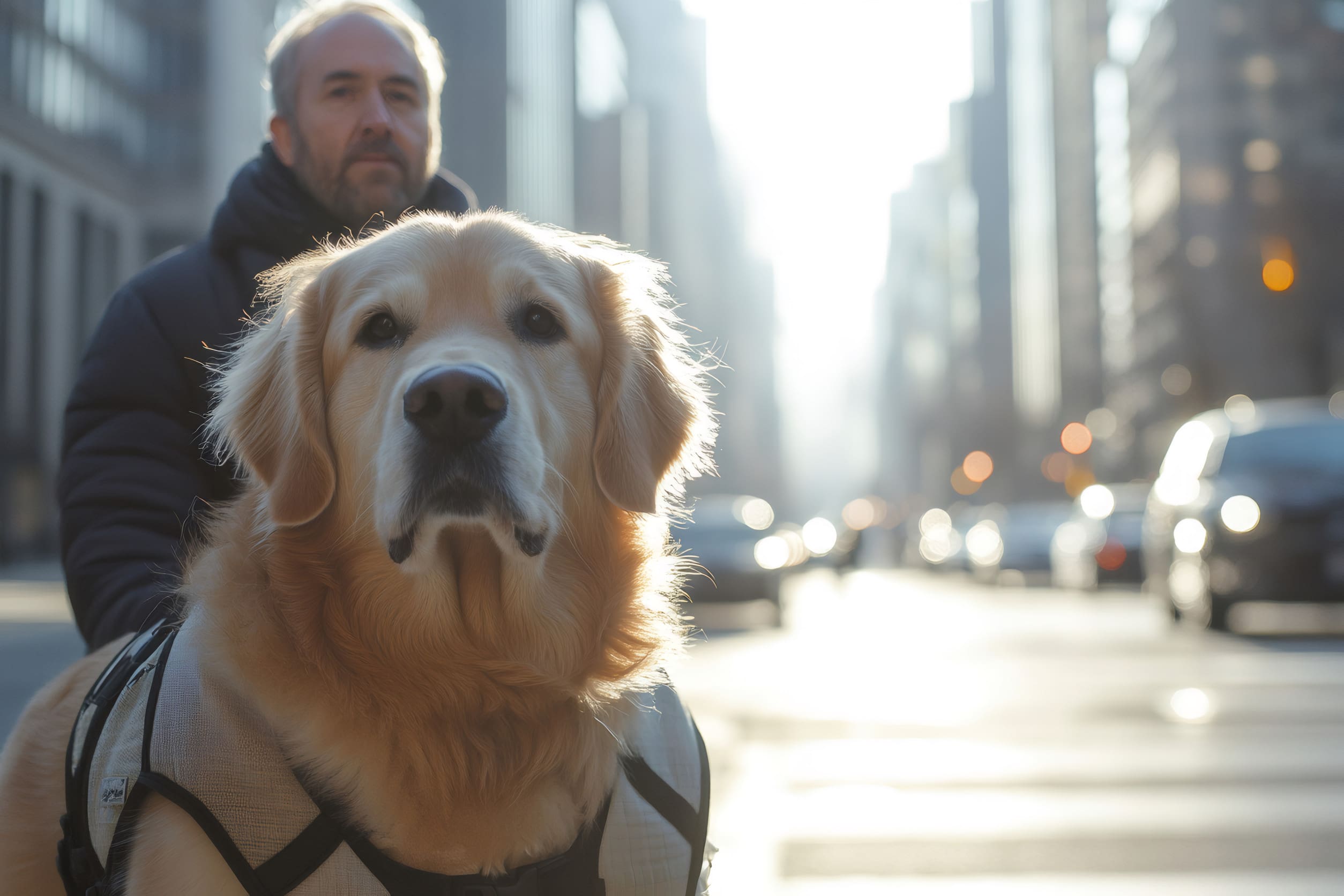 A DPT service dog in a working vest sitting in front of the handler on a city sidewalk.